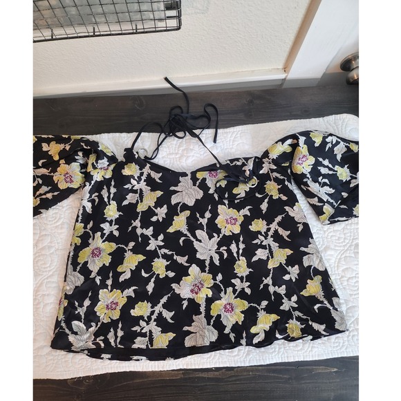 Cinq a Sept Rayna Black Silk Floral Cold Shoulder Top Size Small - Picture 6 of 12